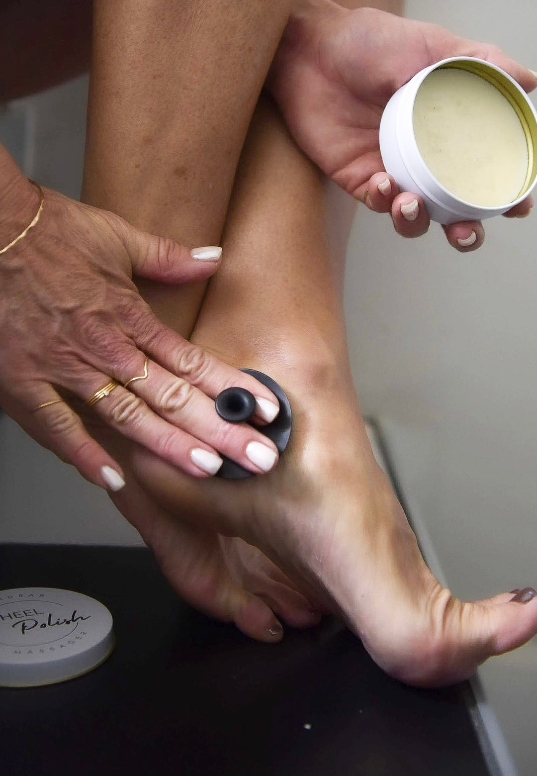 Feet getting hydrated y the Heel Polish. All Natural Organic ingredients. The included massager helps push in the heel polish to every nook and cranny all while keeping your hands clean.