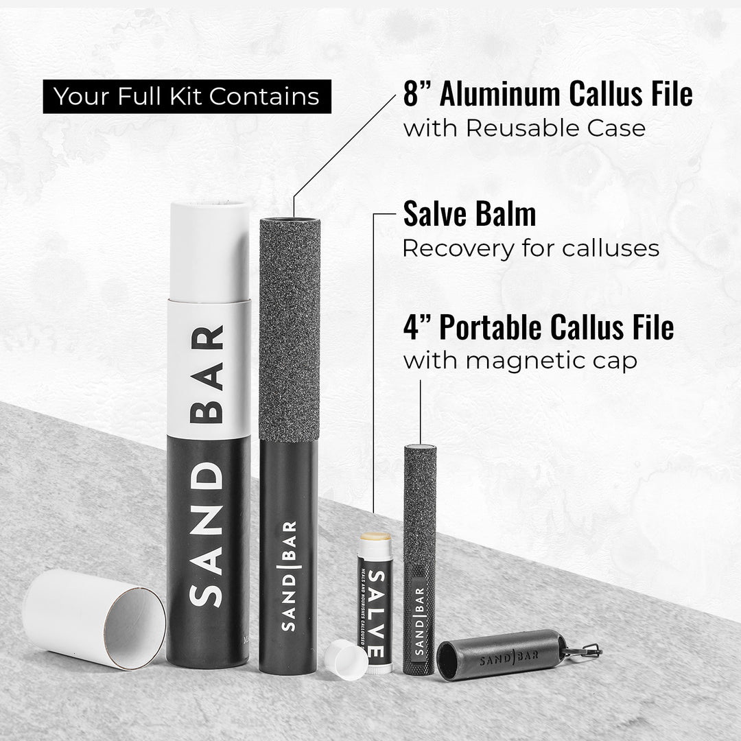 Product kit showing 8-inch callus file, 4-inch callus file, and salve.