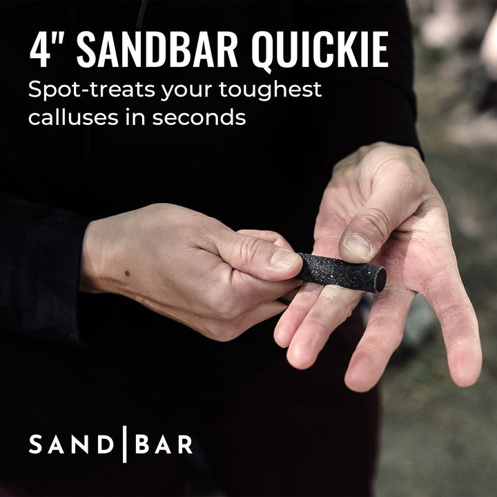 Hand using an 4-inch SandBar Quickie to file grip calluses with text highlighting benefits on a black background.