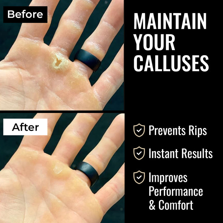 Photos of callused hands before and after using the SandBar Quickie Callus File and Salve.
