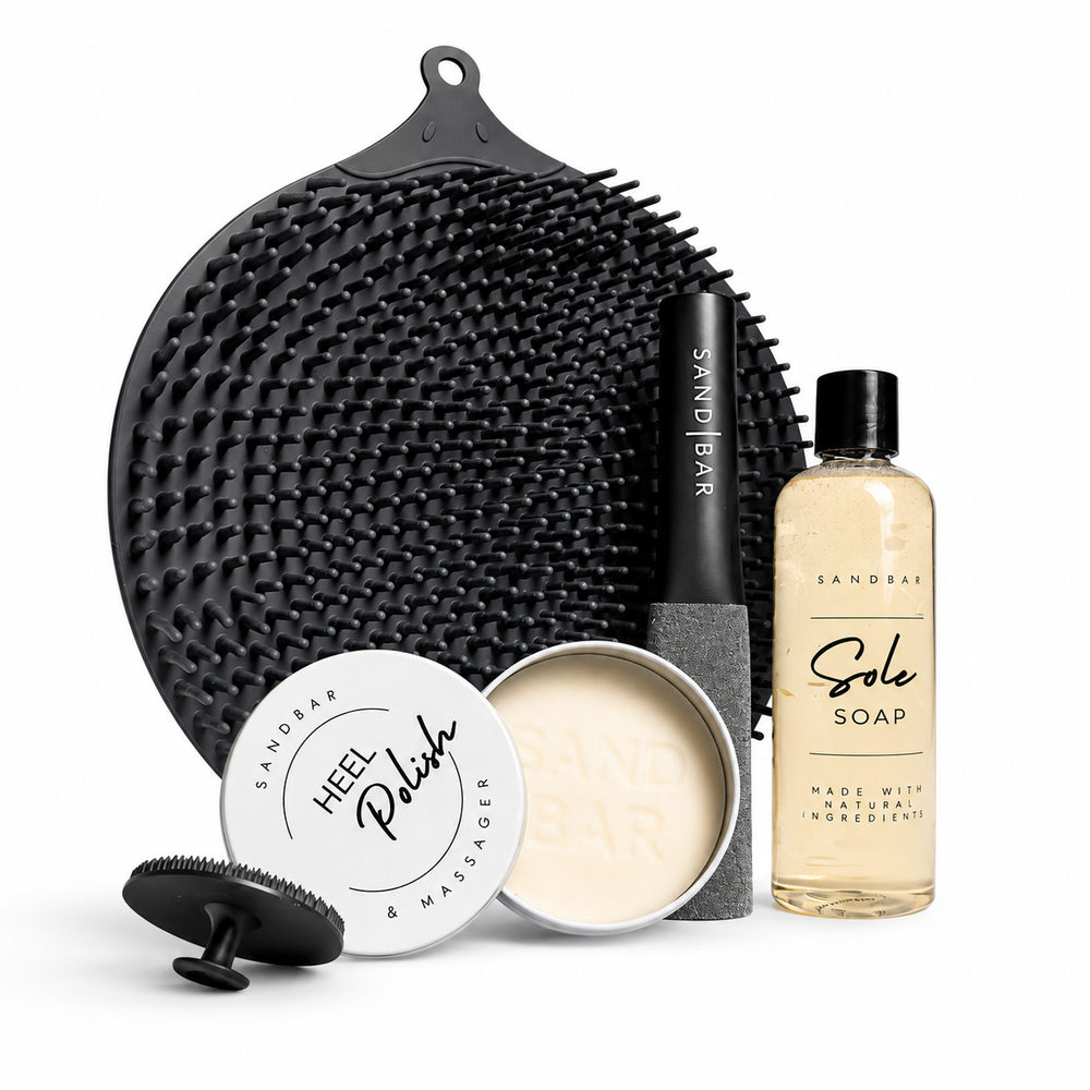 Athlete Foot Regimen complete foot care kit with foot scrubber mat, Sole Soap, foot file, Heel Polish, and silicone applicator for healthy feet