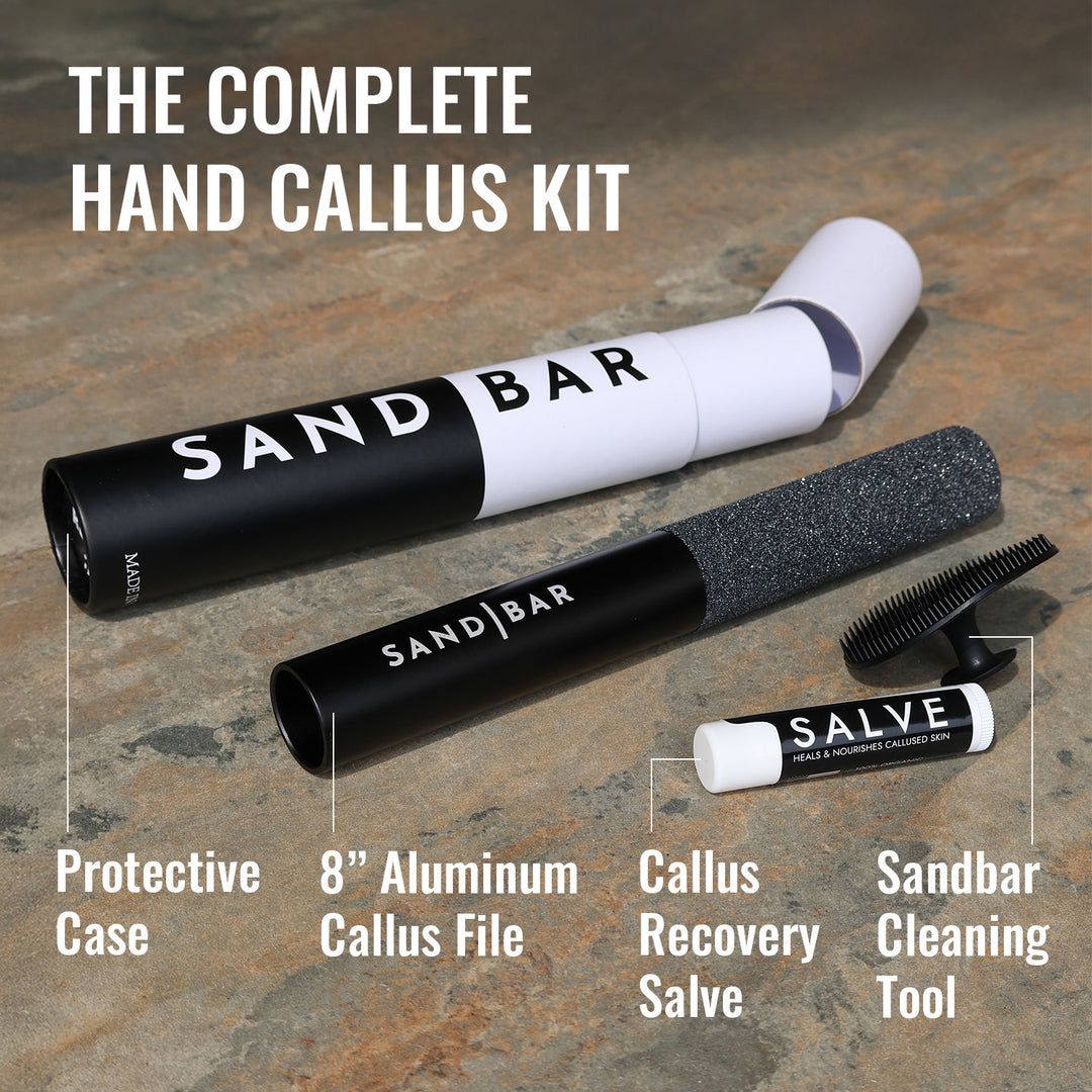 SandBar 8-inch Callus Kit with aluminum callus file, salve, scrubber, and protective case with text showing what each product is used for.