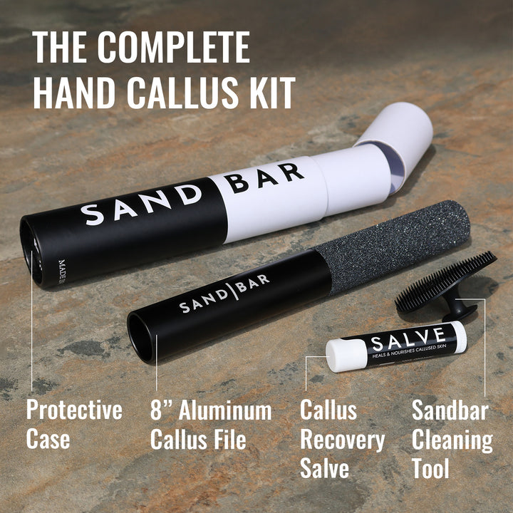 SandBar 8-inch Callus Kit with aluminum callus file, salve, scrubber, and protective case with text showing what each product is used for.