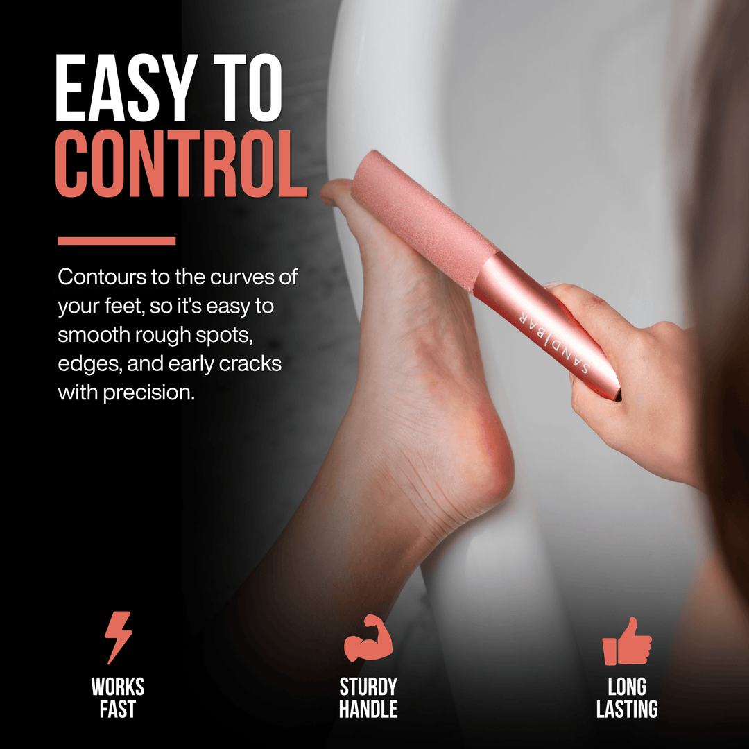 A close-up of a hand holding a metallic rose gold beauty device against a person's foot, with promotional text reading 'EASY TO CONTROL' and feature icons for 'WORKS FAST', 'STURDY HANDLE', and 'LONG LASTING'.