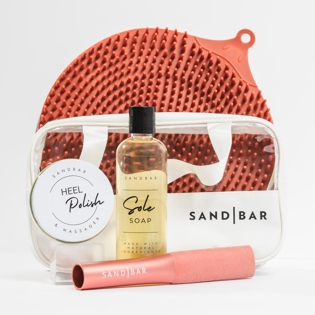 Complete Heel Revival Regimen including scrubber mat, Sole Soap, foot file, Heel Polish, applicator, and cosmetic bag