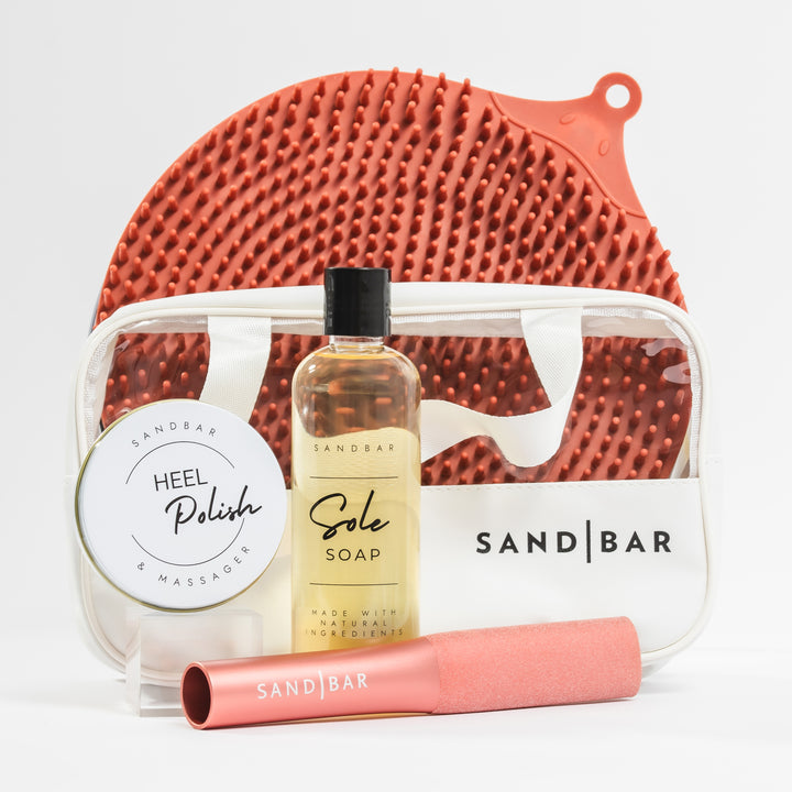 Complete Heel Revival Regimen including scrubber mat, Sole Soap, foot file, Heel Polish, applicator, and cosmetic bag