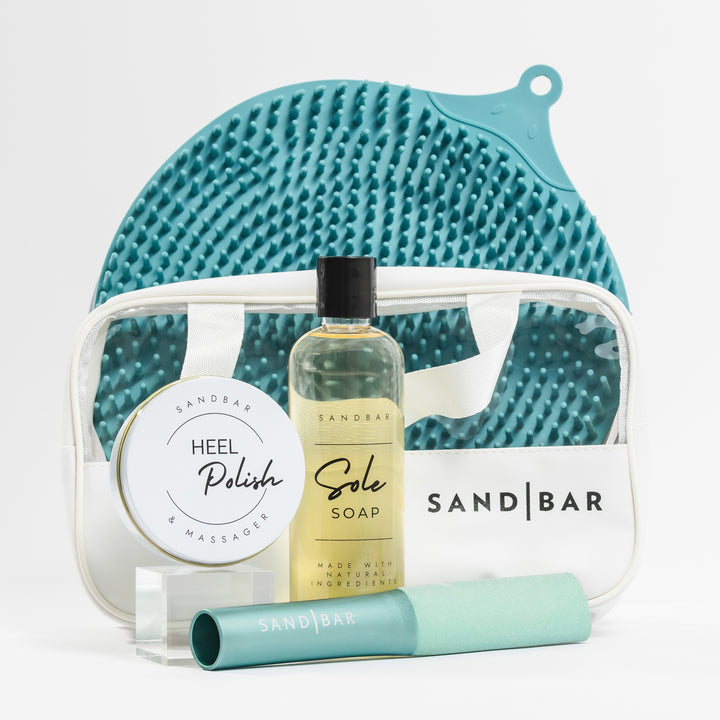 Complete Heel Revival Regimen including scrubber mat, Sole Soap, foot file, Heel Polish, applicator, and cosmetic bag