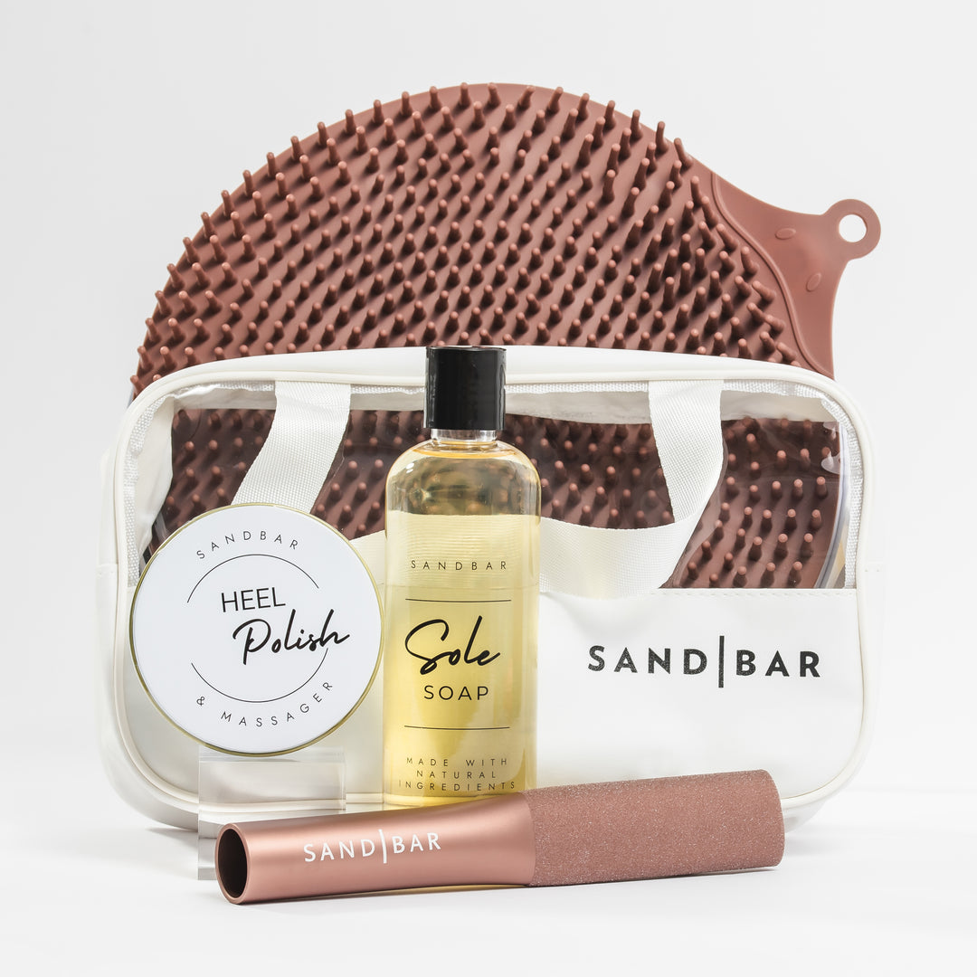 Complete Heel Revival Regimen including scrubber mat, Sole Soap, foot file, Heel Polish, applicator, and cosmetic bag