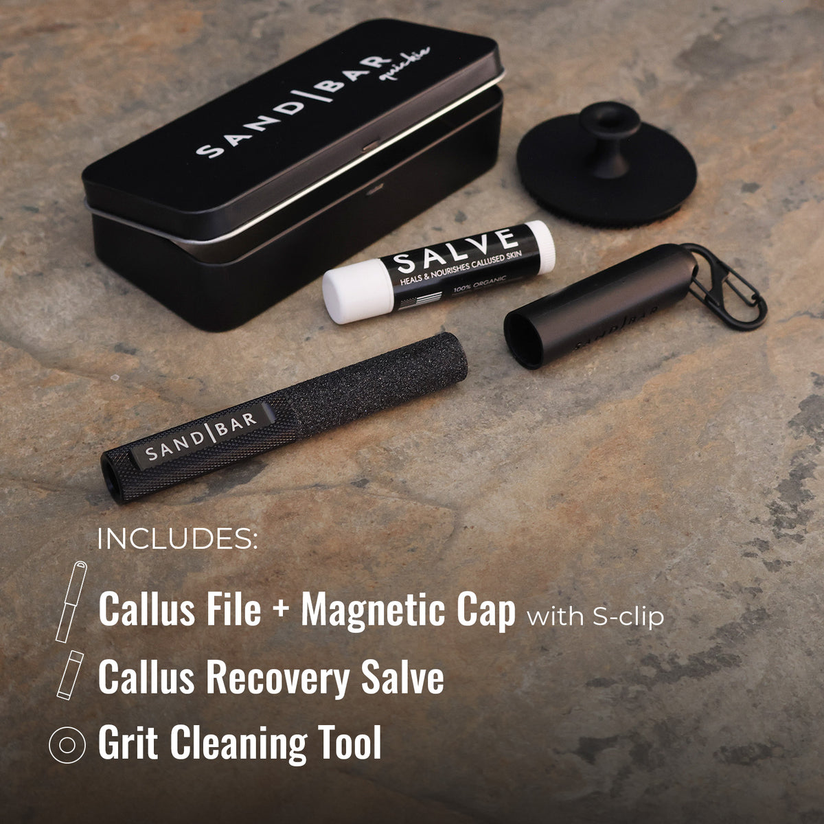 Quickie callus care kit including file, magnetic cap, S-clip, salve, silicone scrubber, and tin case