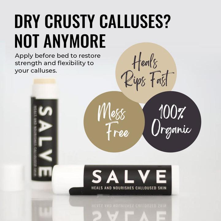 Salve product with text highlighting its benefits on a white background