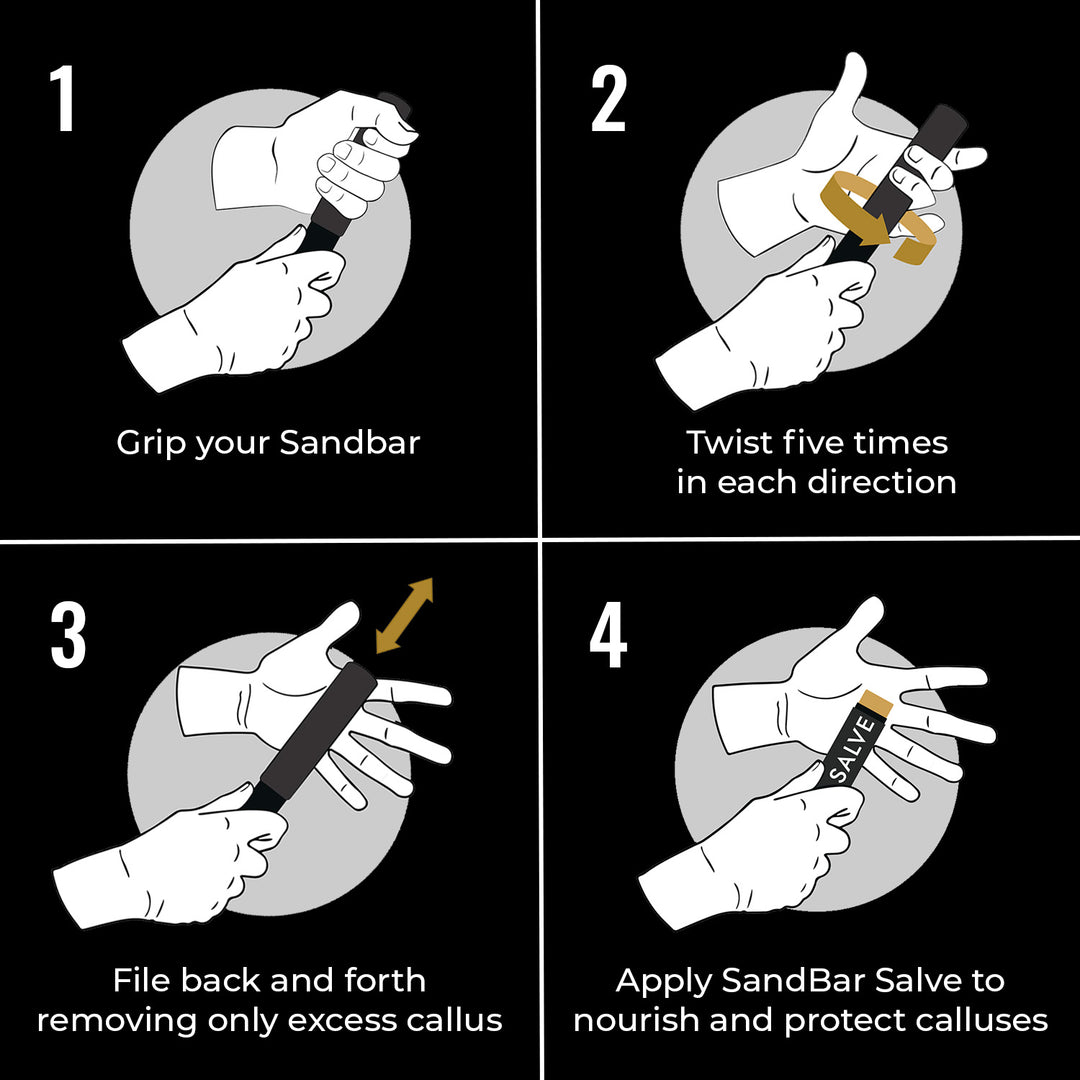4 Step instructions for using the SandBar 8" Callus File and Salve.