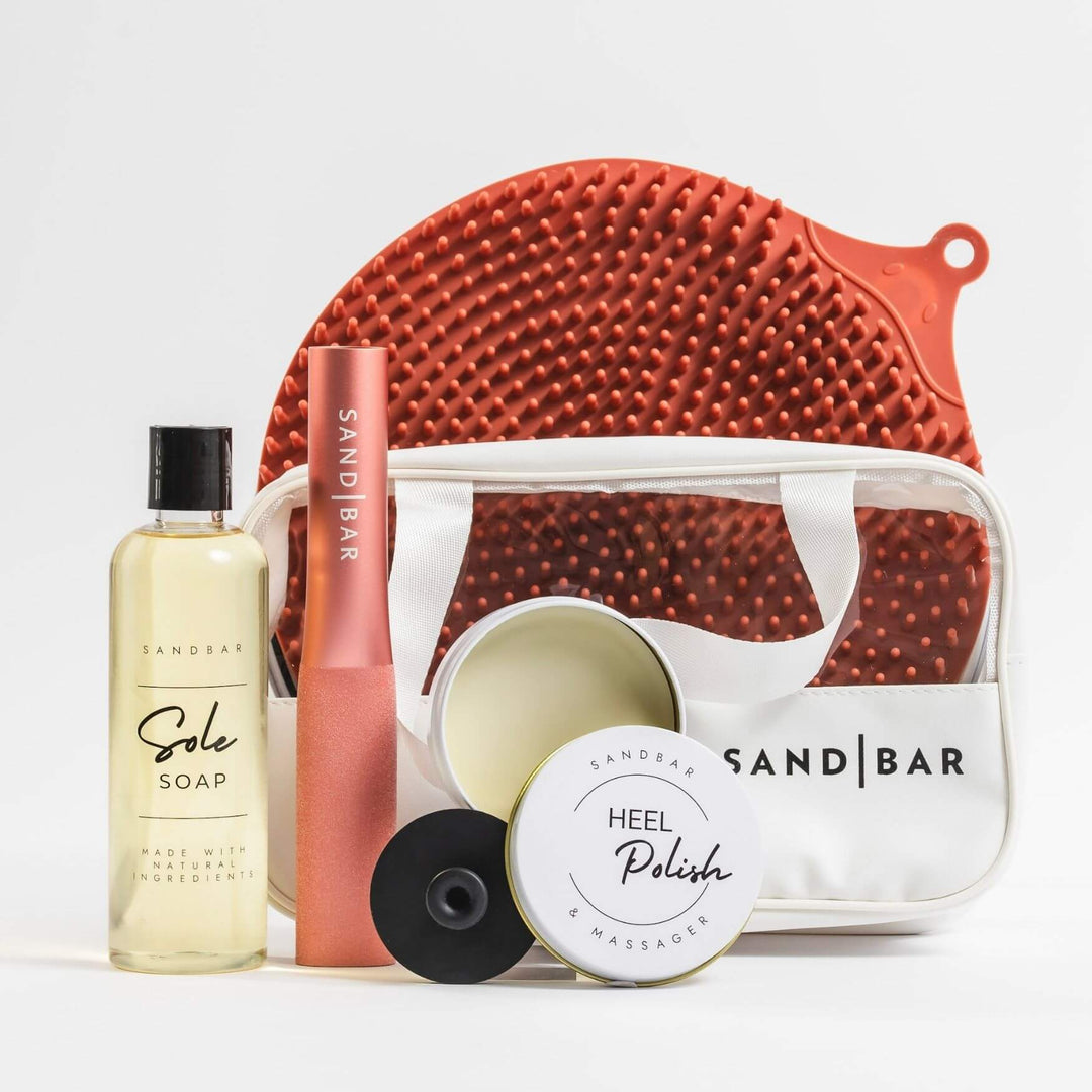 Complete Foot Care Kit with Scrubber Mat, Foot File, Sole Soap, Heel Polish, Silicone Applicator, and Cosmetic Bag