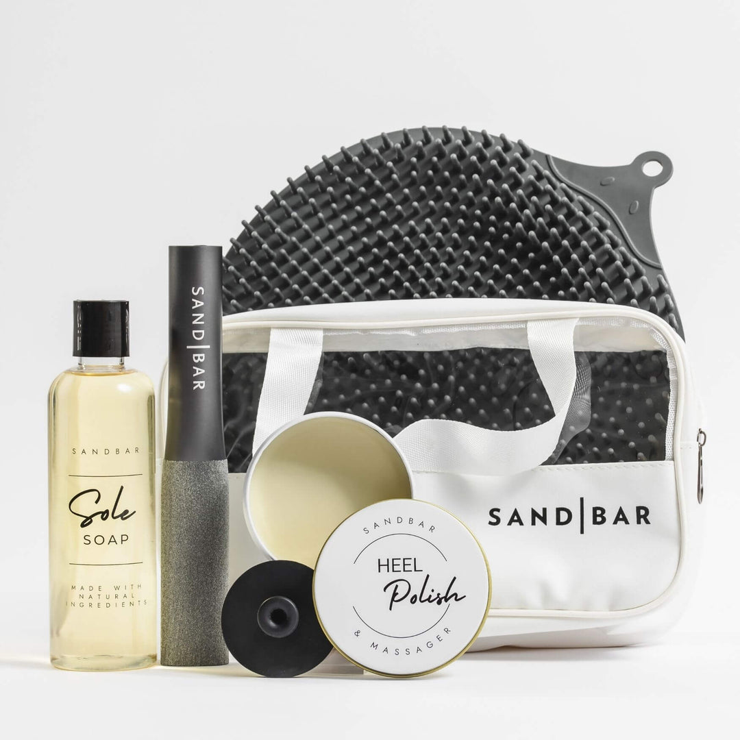 Complete Foot Care Kit with Scrubber Mat, Foot File, Sole Soap, Heel Polish, Silicone Applicator, and Cosmetic Bag
