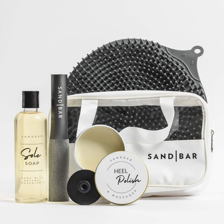 Complete Foot Care Kit with Scrubber Mat, Foot File, Sole Soap, Heel Polish, Silicone Applicator, and Cosmetic Bag