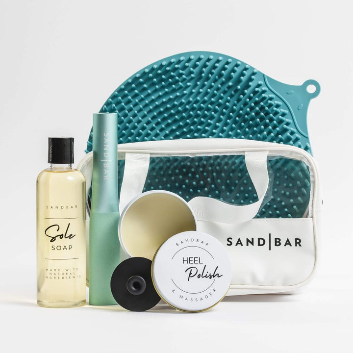 Complete Foot Care Kit with Scrubber Mat, Foot File, Sole Soap, Heel Polish, Silicone Applicator, and Cosmetic Bag