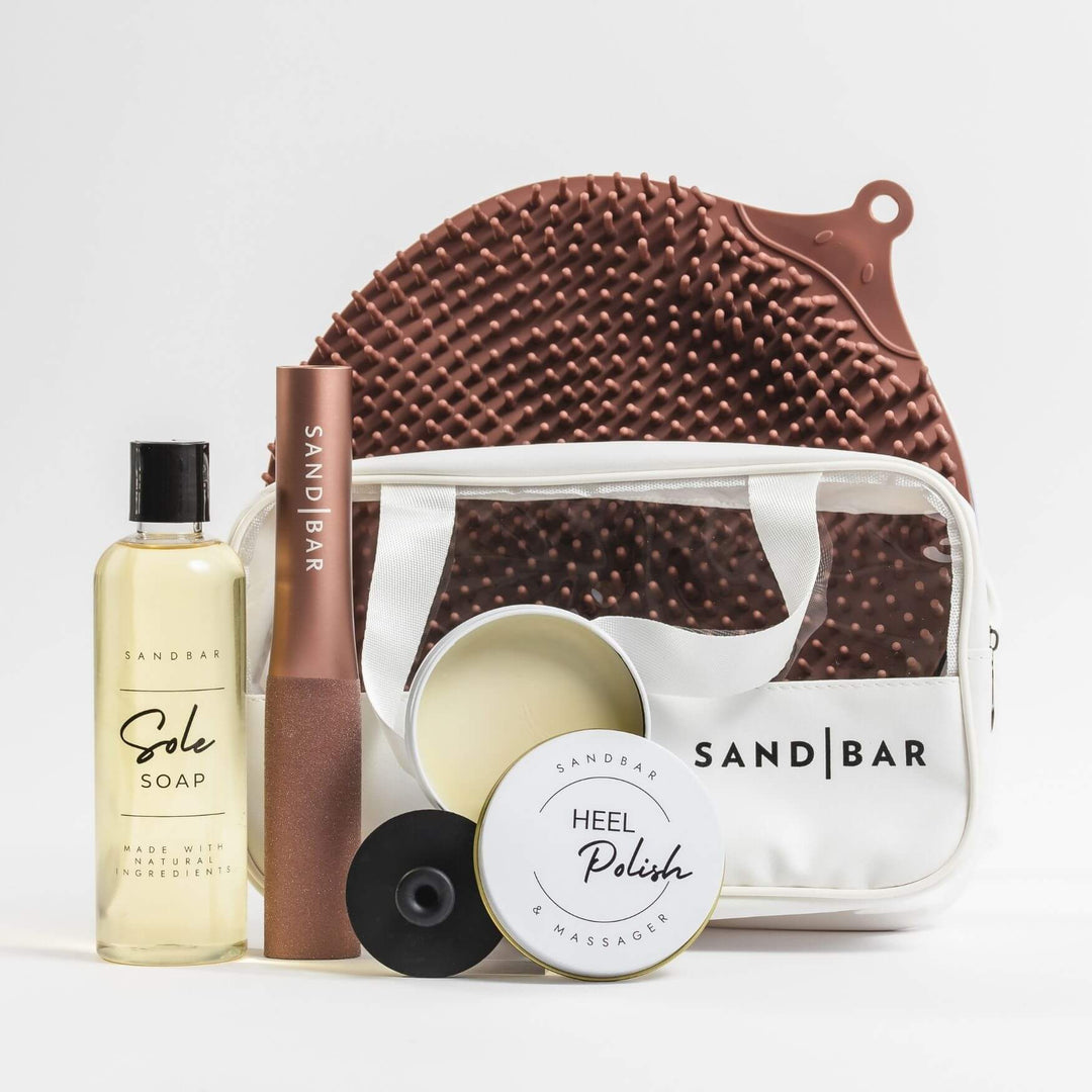 Complete Foot Care Kit with Scrubber Mat, Foot File, Sole Soap, Heel Polish, Silicone Applicator, and Cosmetic Bag