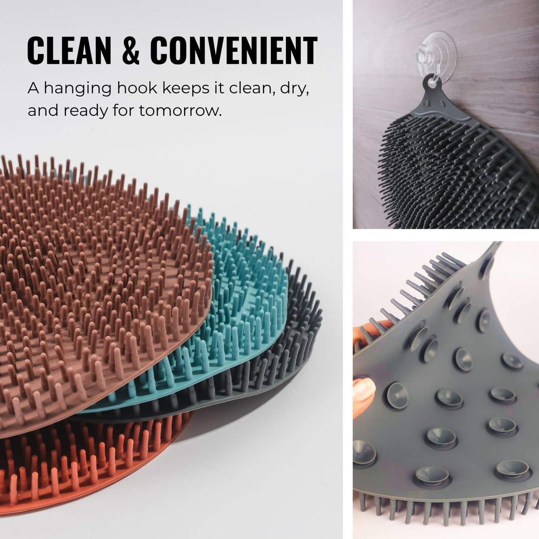 10-inch silicone foot scrubber mat with hundreds of bristles for exfoliating and boosting circulation