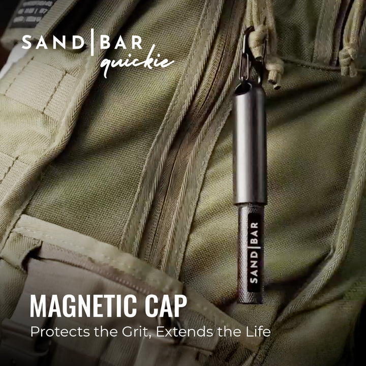 Green bag with SandBar Quickie callus file attached to the bag using the magnetic cap with hook