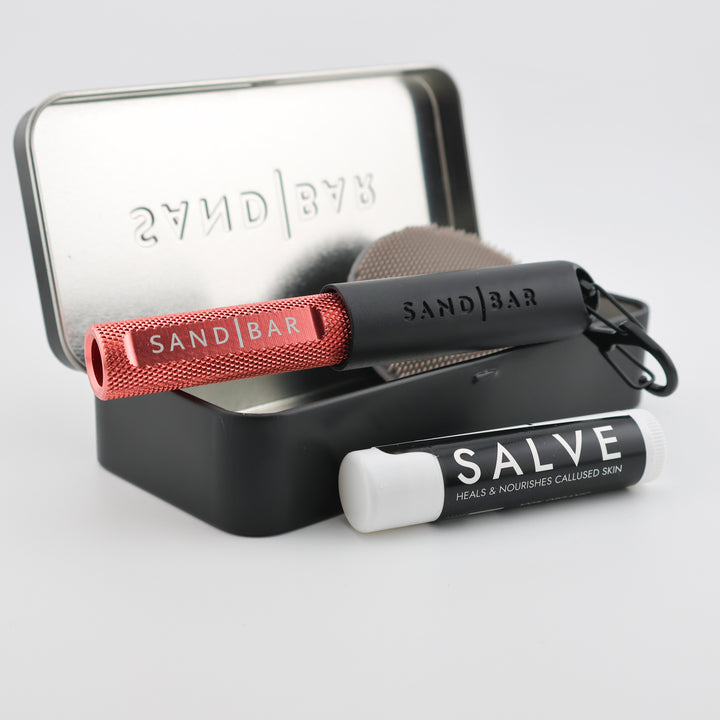 SandBar 4-inch Quickie Callus Kit with cylindrical aluminum file, salve, scrubber, and tin case