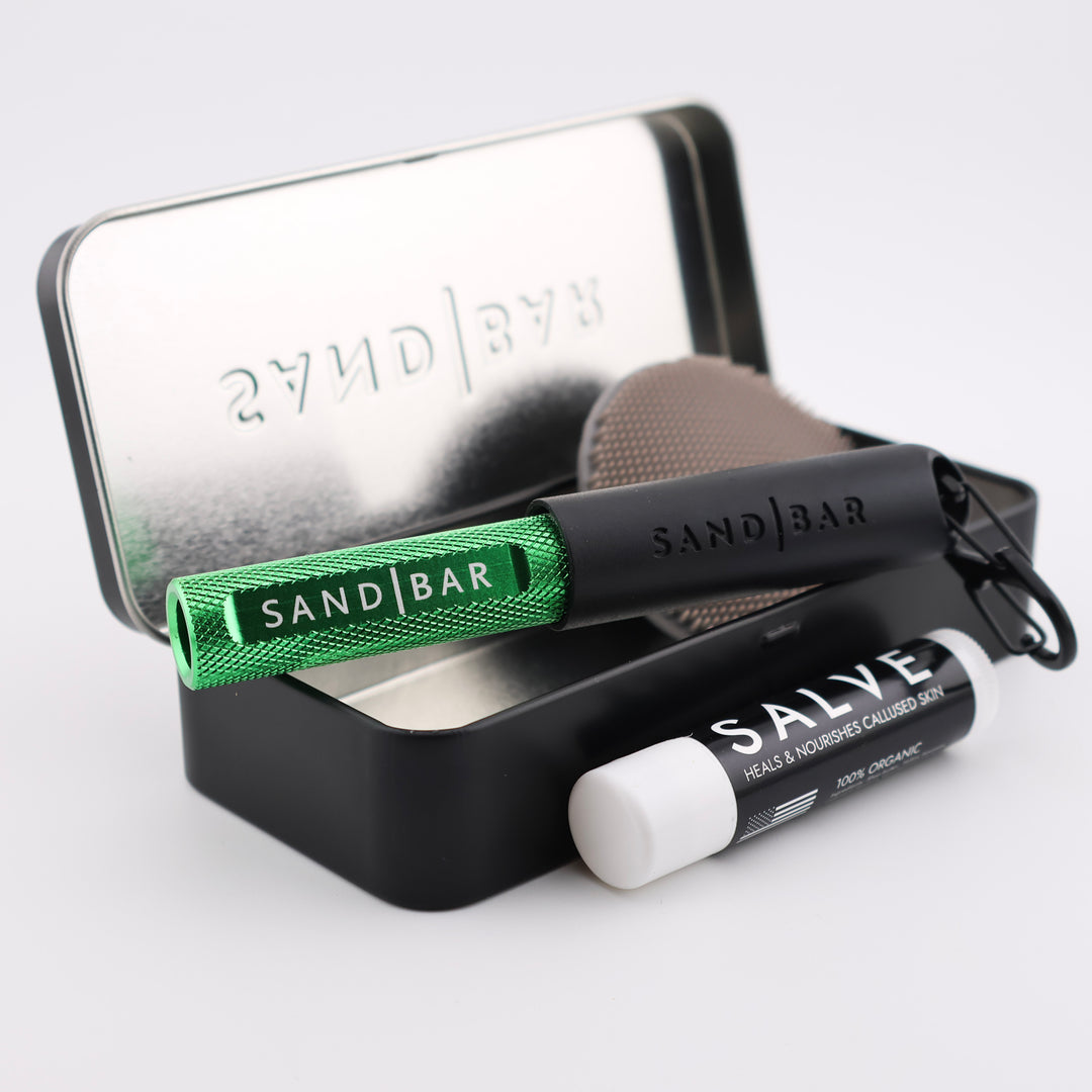 SandBar 4-inch Quickie Callus Kit with cylindrical aluminum file, salve, scrubber, and tin case