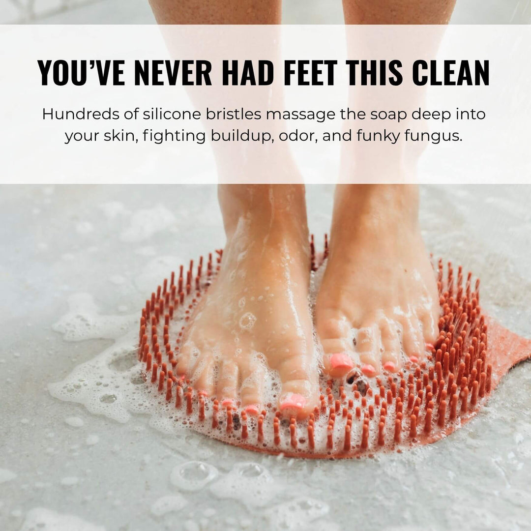 Person using a foot scrubber with text about the benefits.