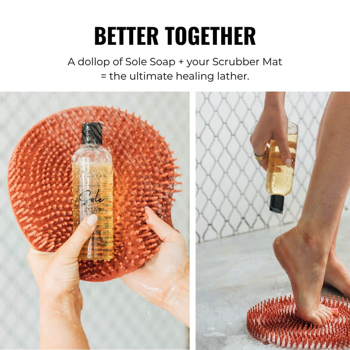 Sole soap and scrubber mat in the shower. Rich lather from Sole Soap cleansing feet to remove grime and prevent odor.