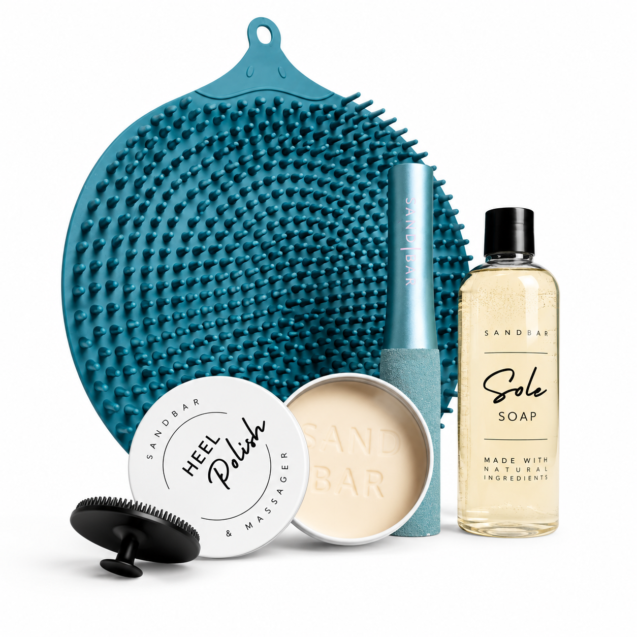 SandBar foot scrubber mat in a Teal color, foot file, Sole Soap, and Heel Polish used for foot care and repair, displayed on a white background.