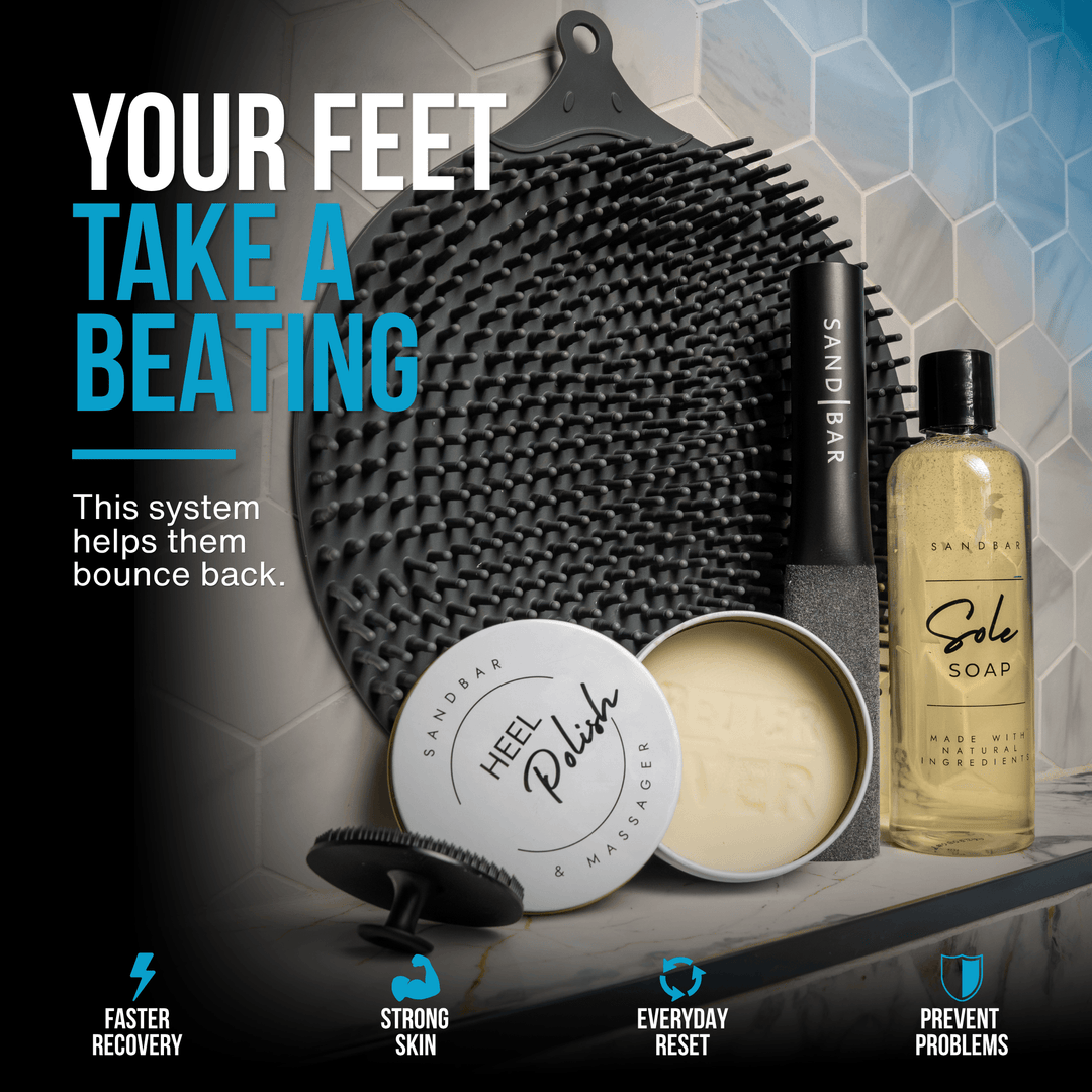 SandBar Athlete Foot Regimen foot care kit for recovery, callus care, and healthy feet after training displayed in shower