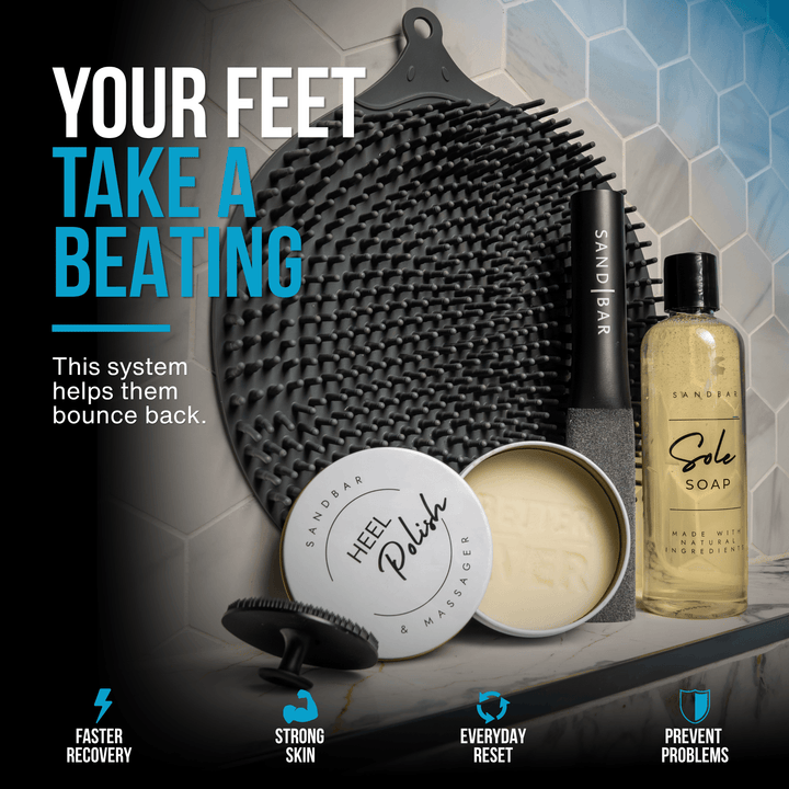 SandBar Athlete Foot Regimen foot care kit for recovery, callus care, and healthy feet after training displayed in shower