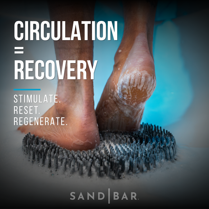 Foot pressing into scrubber mat with foam to clean and stimulate circulation
