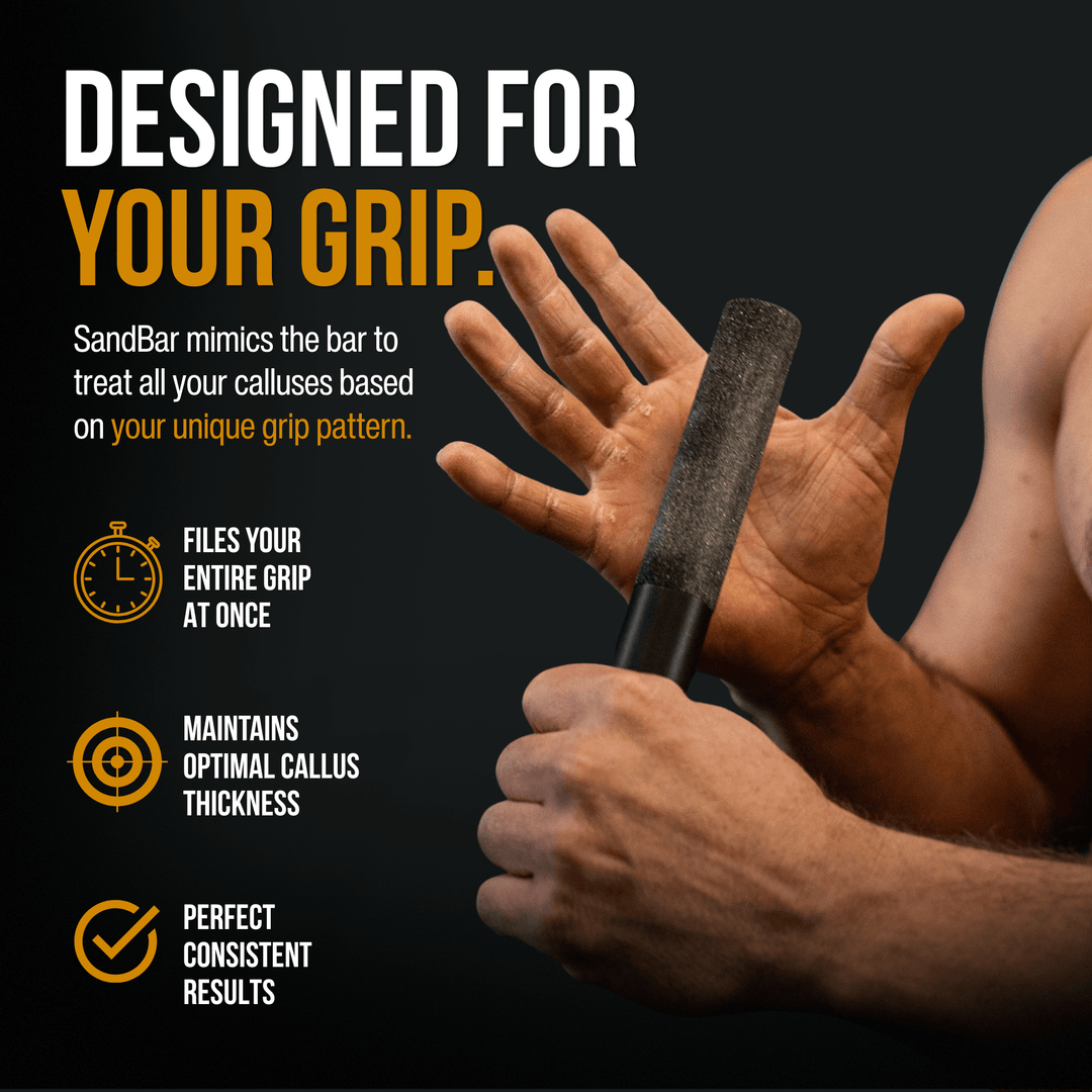 Male CrossFit athlete demonstrating how to use the SandBar hand callus remover to maintain optimal callus thickness across the entire grip about to file his thick build up calluses to prevent calluses from ripping.