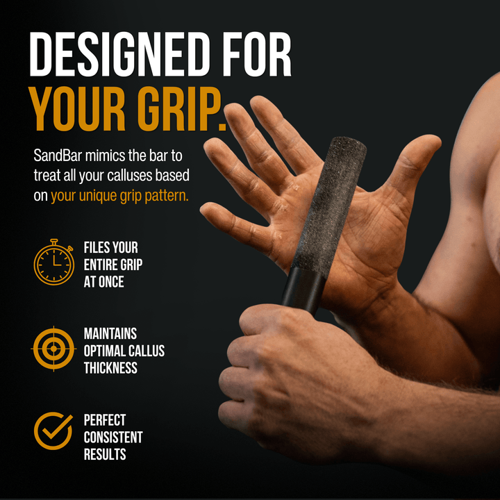 Male CrossFit athlete demonstrating how to use the SandBar hand callus remover to maintain optimal callus thickness across the entire grip about to file his thick build up calluses to prevent calluses from ripping.