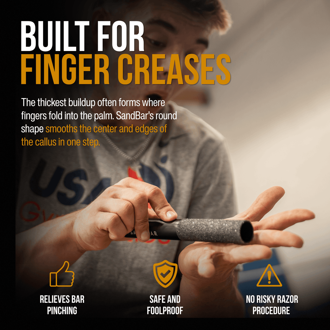 USA Gymnastic team male athlete Demonstrating how SandBar's round shape reaches thick callus buildup in finger creases where tears commonly begin with a surprised look on his face.
