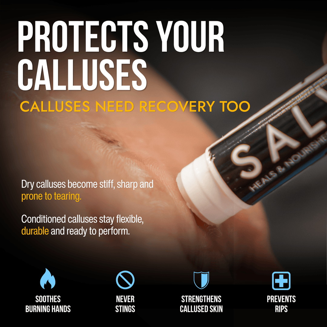 SandBar Salve being applied to dry hand calluses to restore flexibility, reduce tearing risk, and support callus recovery.