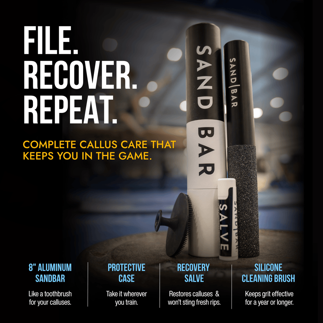 SandBar callus care system including Original SandBar file, recovery salve, protective case, and cleaning brush for athlete hand maintenance.