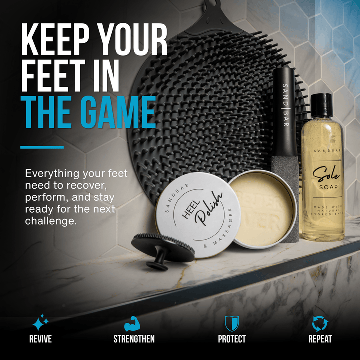 Complete SandBar Athlete Foot Regimen including Sole Soap, foot scrubber mat, foot file, Heel Polish, silicone massage applicator displayed on shower shelf