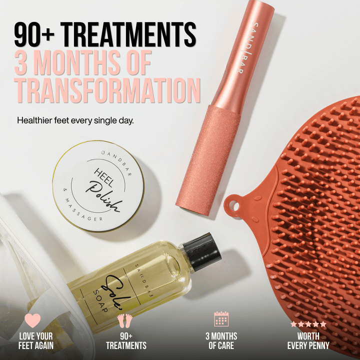 Complete SandBar Heel Revival Regimen with foot scrubber mat, Sole Soap, Heel Polish, foot file, and travel bag.