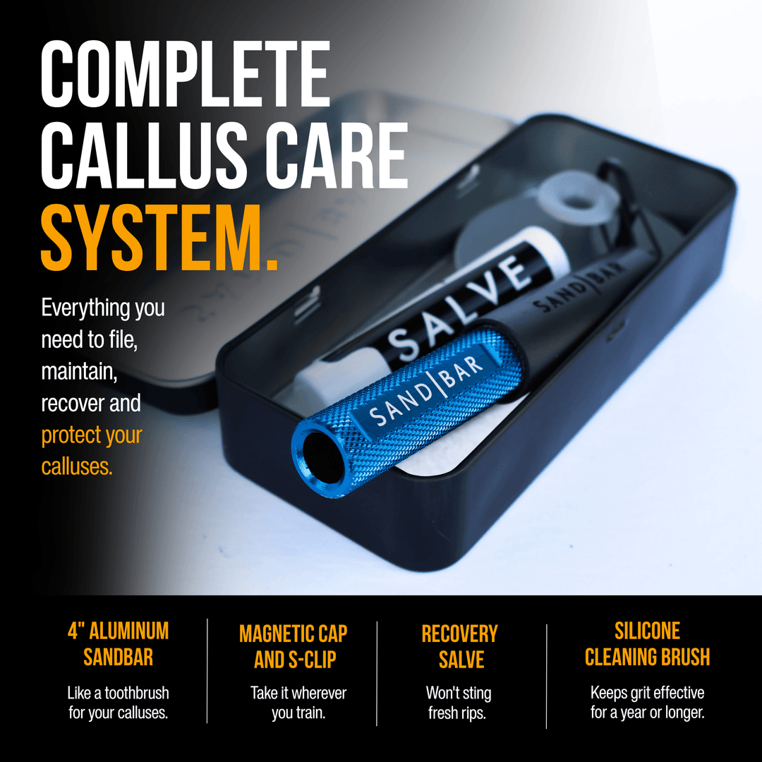 Complete SandBar Quickie callus care system shown in black tin including hand callus file, magnetic cap, recovery salve, and cleaning brush for athletes, gymnasts, climbers, and weightlifters, ninja athletes.