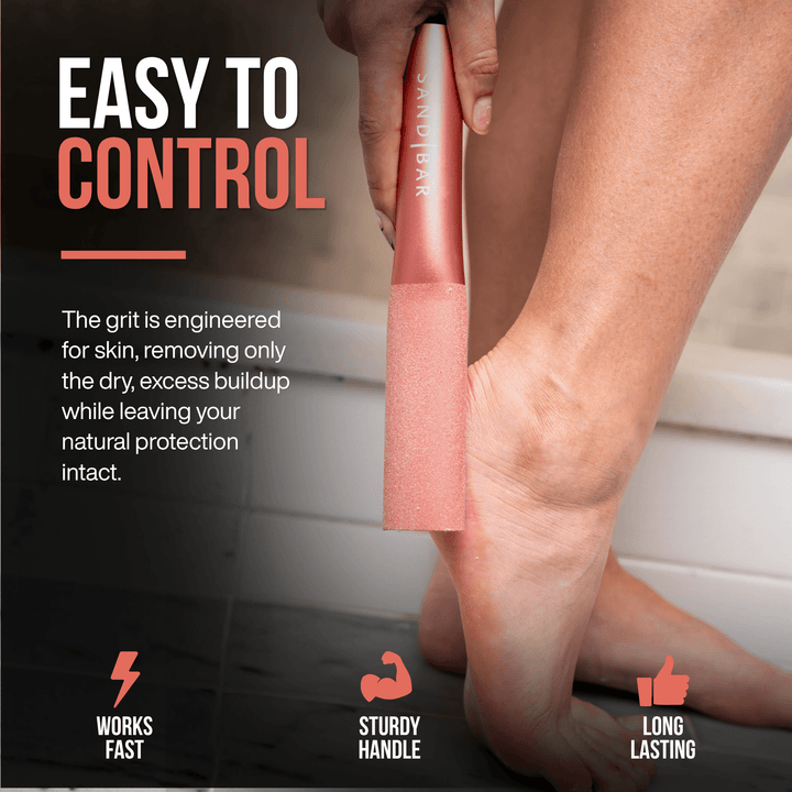 Ergonomic SandBar foot file with long aluminum handle providing better grip and control for fast, comfortable callus care.