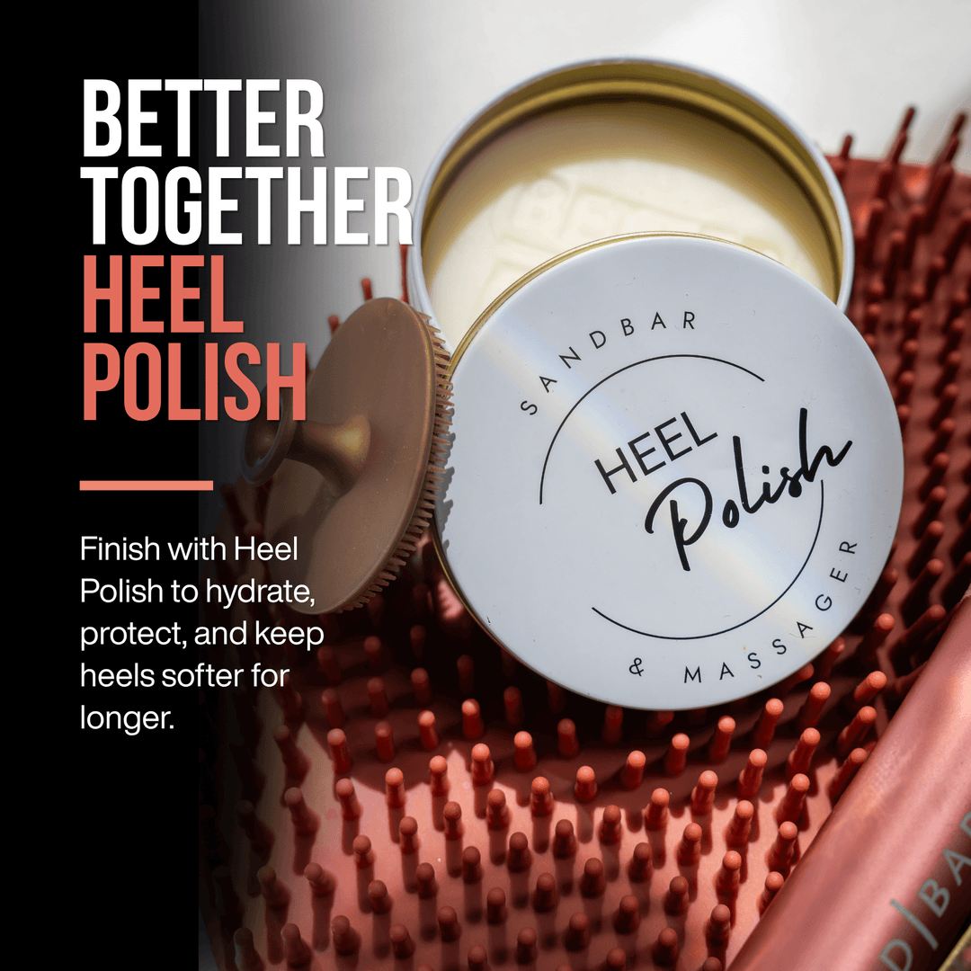 SandBar foot file paired with Heel Polish to smooth rough skin, deeply hydrate heels, and help prevent cracked feet.