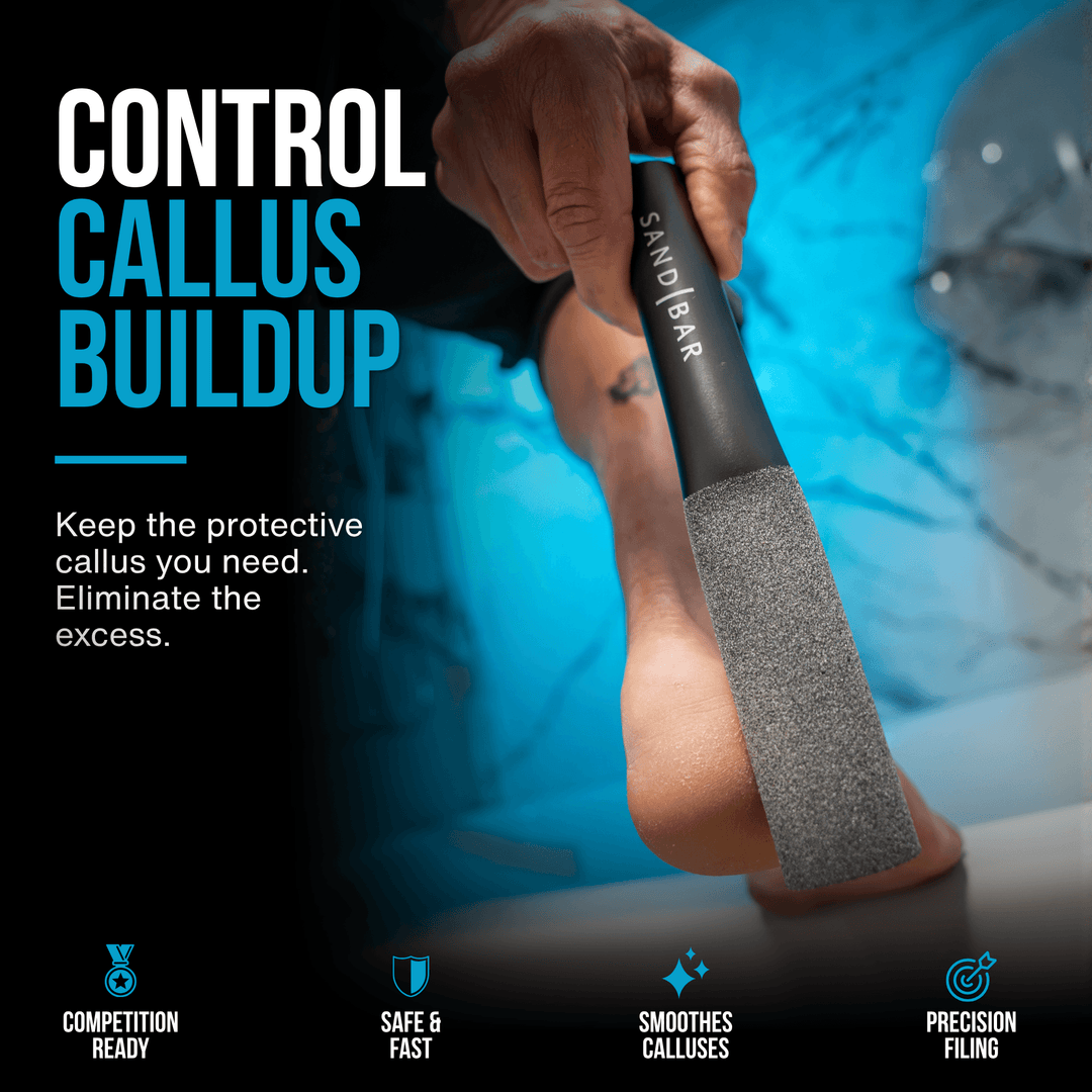 Athlete using the SandBar foot file to remove excess calluses while protecting healthy skin for better foot recovery.