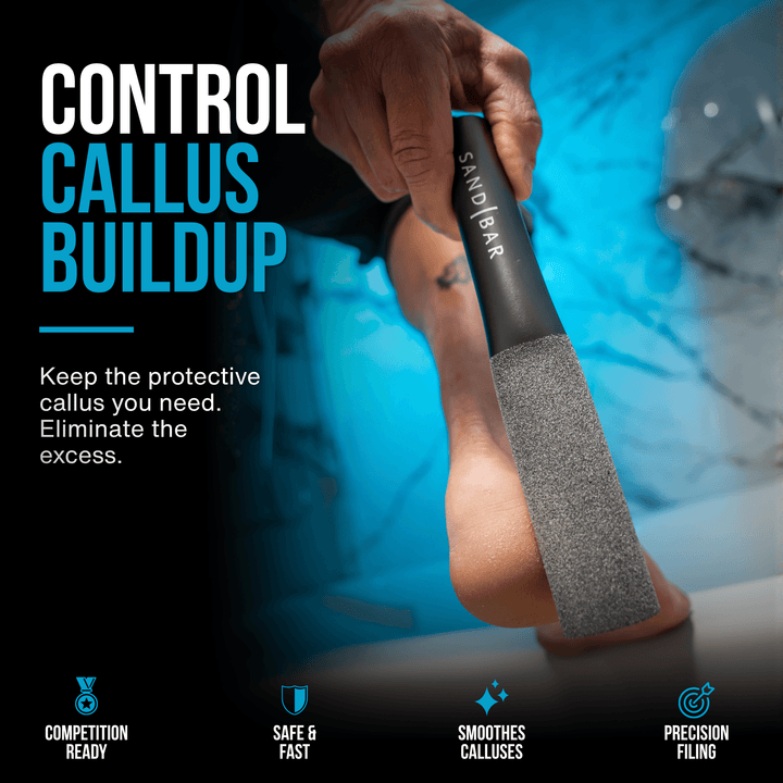 Athlete using the SandBar foot file to remove excess calluses while protecting healthy skin for better foot recovery.