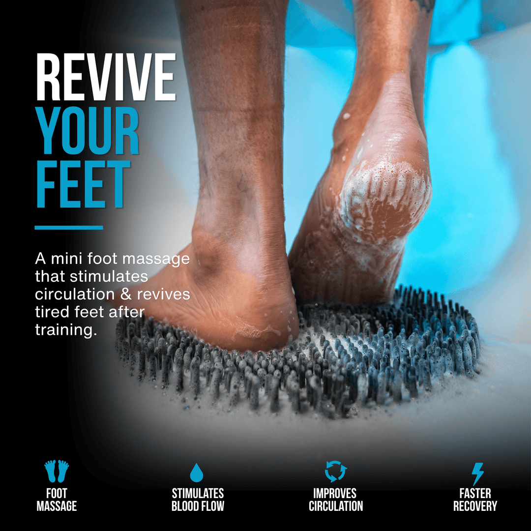 Athlete using the SandBar silicone foot scrubber mat to massage tired feet, stimulate circulation, and create a rich cleansing lather after a workout.