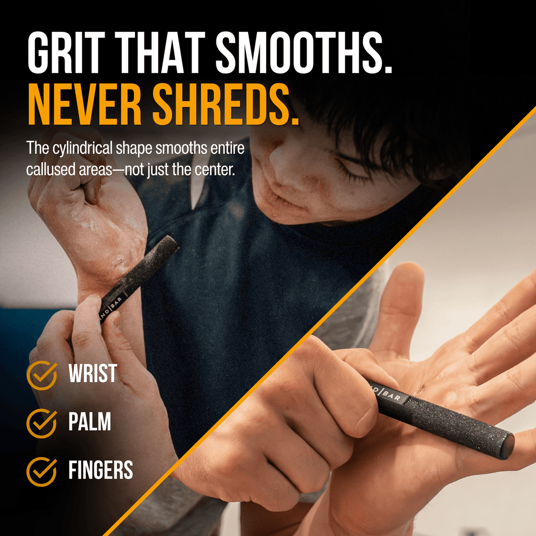 A male gymnast is using a cylindrical callus file to smooth wrist calluses from gymnastics grips and calluses on his palm from gripping the bar.