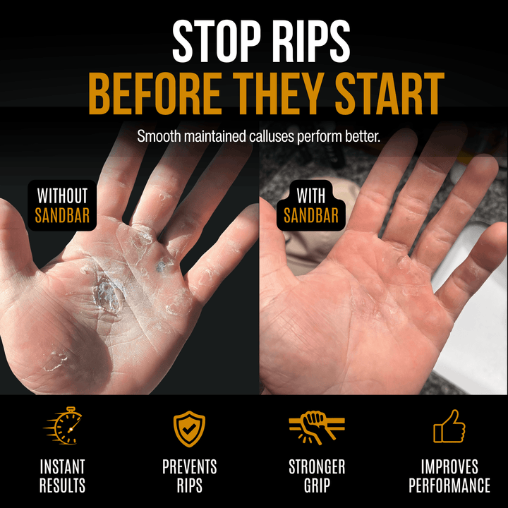 Hand comparison showing callus maintenance with and without Sandbar product on a male Olympic lifter's right hand.