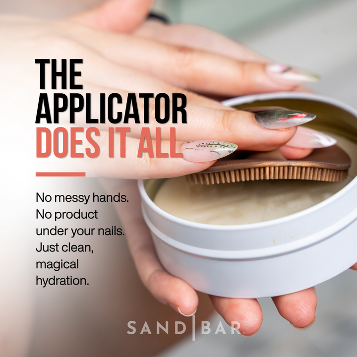 Hand holding massager applicator over a tin of Heel Polish with promotional text about product use. Close-up of textured Heel Polish applicator designed to contour around heels and toes.