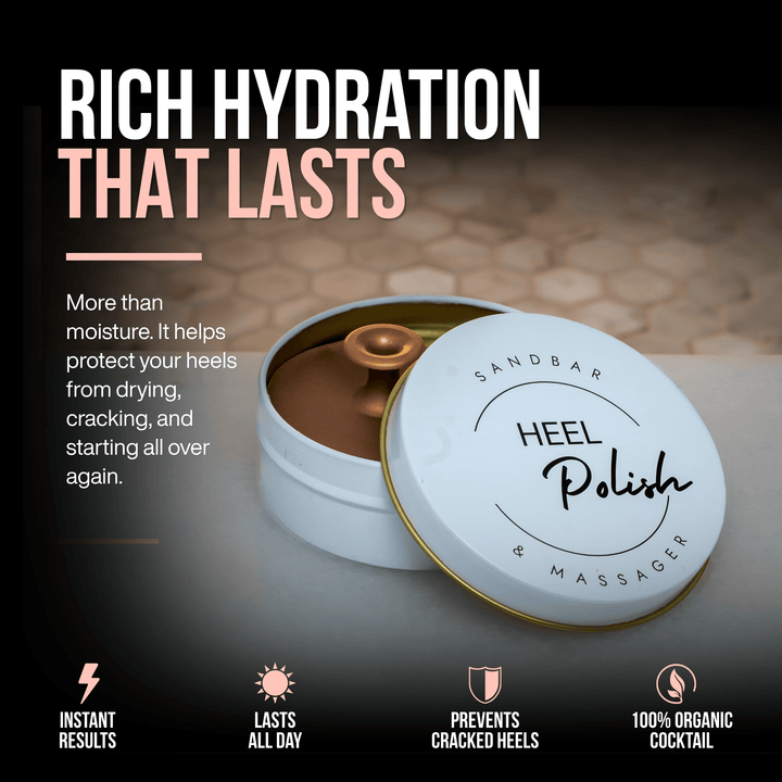Round tin of Heel Polish providing long-lasting hydration for dry, cracked heels.