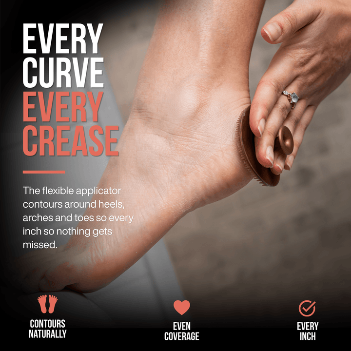 Flexible silicone applicator contours around heels, arches, and toes for smooth, even application of heel moisturizer.