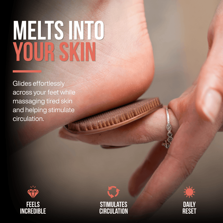 SandBar Heel Polish applicator gliding across the heel to massage moisturizer into dry skin for deep hydration.
