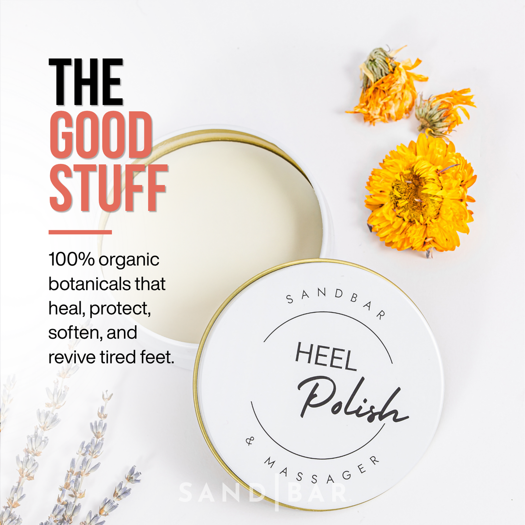 Open tin of SandBar Heel Polish with calendula and lavender highlighting organic botanical ingredients.